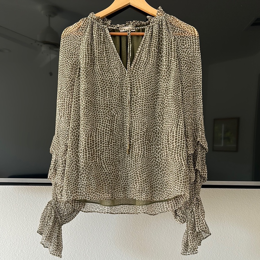 Ramy Brook Ruffle Silk Blouse in Olive Green